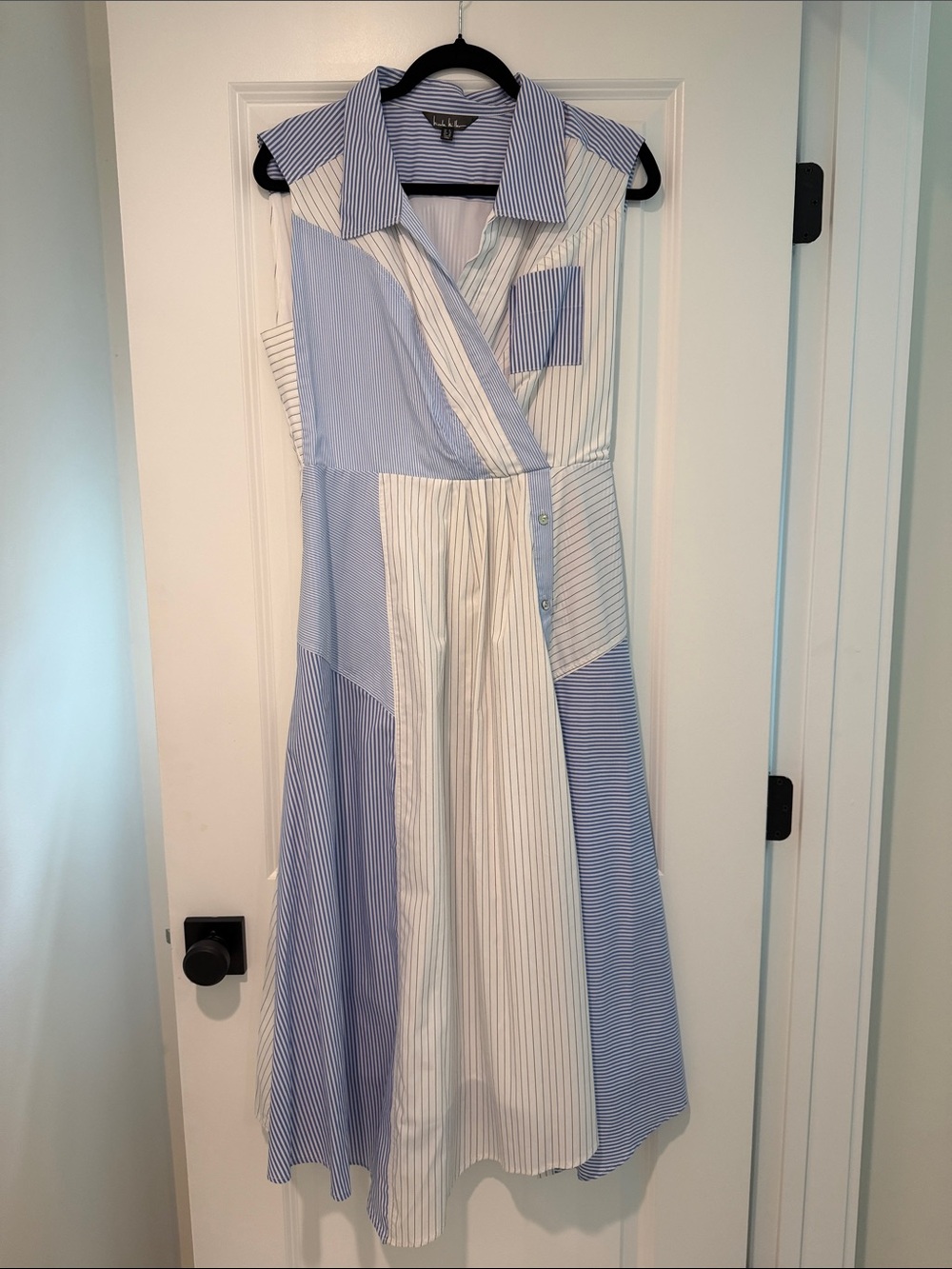 Nicole Miller Blue and White Striped Sleeveless Wrap Dress